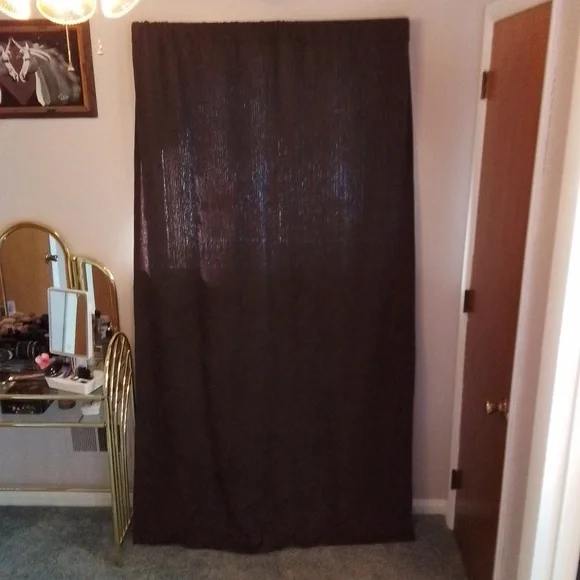 Allen+Roth Woven Brown Black Out Curtain with cream tiebacks.
