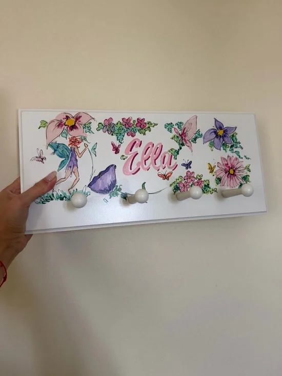 Personalized 'Ella' Floral Fairy Wall Hook Rack - White and Pink