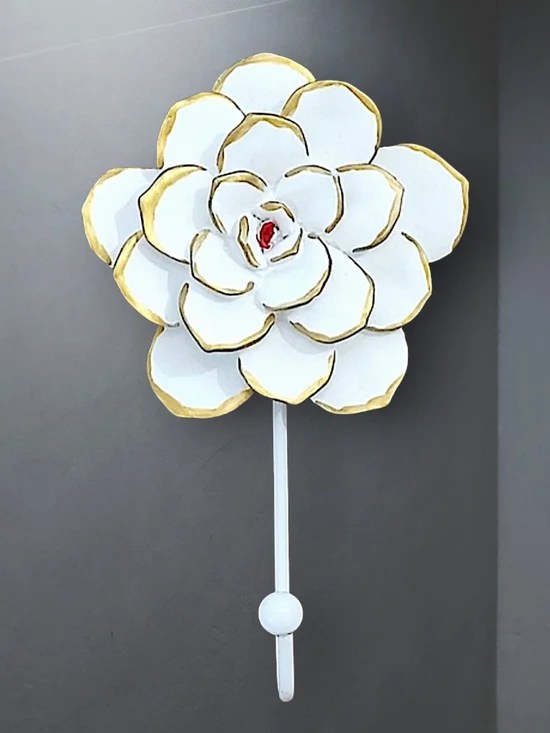 Floral Wall Coat Hooks Set Of 6 - White With Hand Painted Gold Trimmed Petals