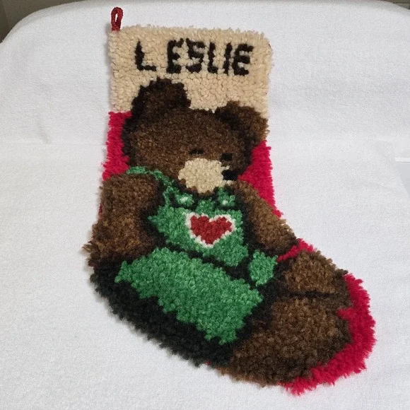 VTG Latch Hook Teddy Bear Christmas Stocking Finished 20