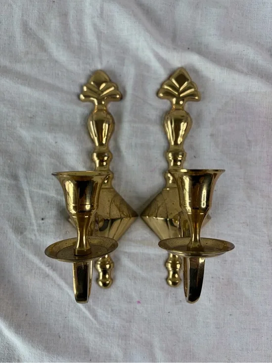 Polished Brass Wall Candle Sconces - Pair