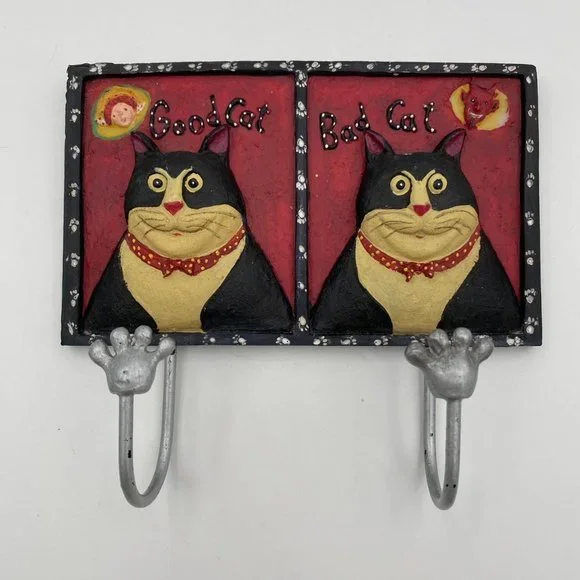 Good Cat Bad Cat Angel Devil Resin Wall Plaque Double Hook Leash Hanger Tuxedo