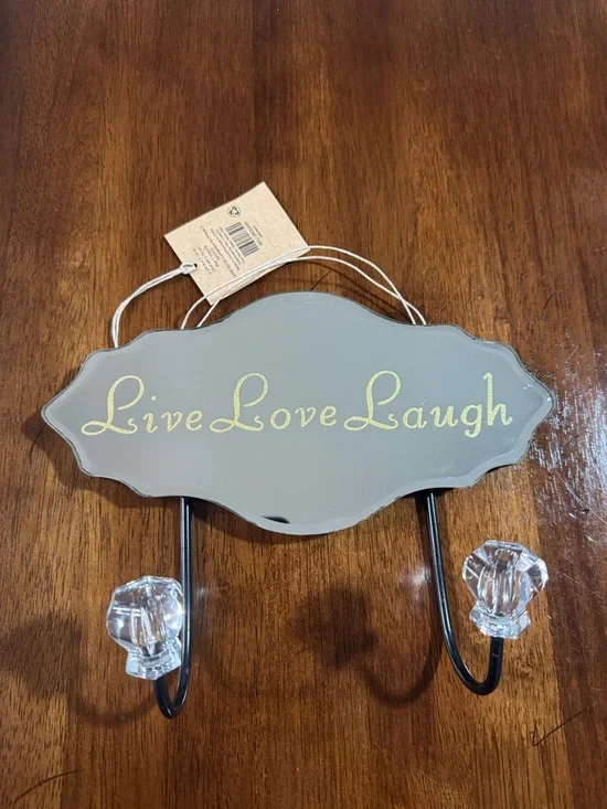Pier 1 Gray Wall Hook Mirror Plaque with Gold Script and Clear Crystal Knobs