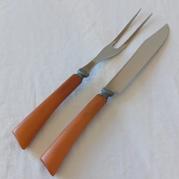 2 PIECE SET Vintage Carving Knife & Fork Set Butterscotch Bakelite Handles