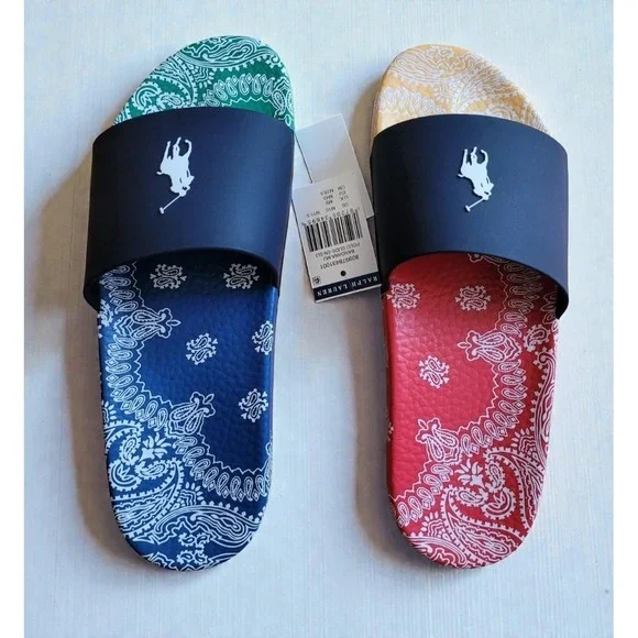 Polo Ralph Lauren Paisley Bandana Color-Block‎ Big Pony Slide Men's Size 12 NWT