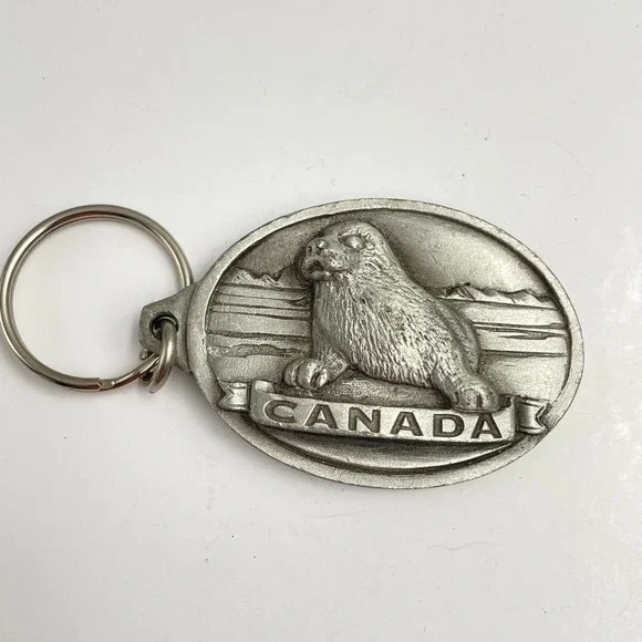 Vintage 90s Canada Souvenir Animal Pup Wildlife Pewter Keychain Charm Jewelry