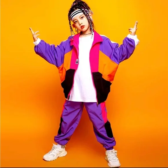 Calculated Retro Hip-Hop Kids Purple Colorblock Dance Costume Tracksuit 6Y Y2K