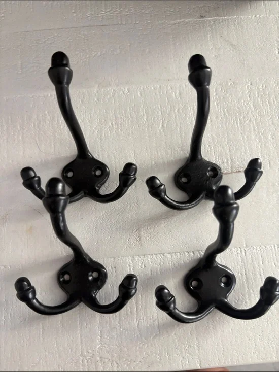Black Double-Prong Wall Hook Set 4 - Classic Coat & Hat Hooks