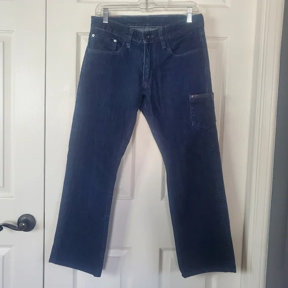 Levi's 514 Straight Motion Denim Blue Jeans Size 31x32 Black Leather Label