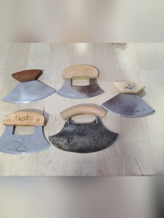 Set of 5 Ulu Herb/Meat Choppers, Alaska Wood Handles, One Is Guenuine