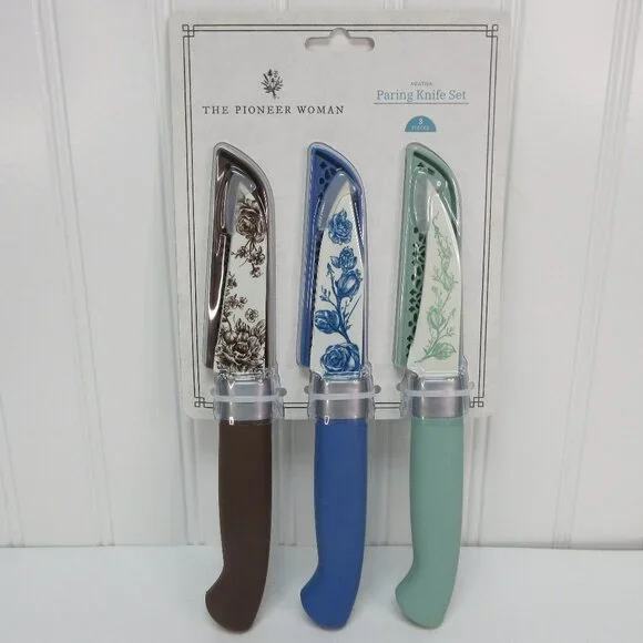 Pioneer Woman Agatha Floral Paring Knife Set Stainless Steel Green Blue Brown 3p
