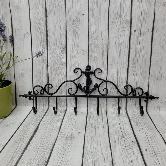 Vintage Cast Iron Anchor & Scroll Work 6 Coat Hook Wall Hanging Sculpture