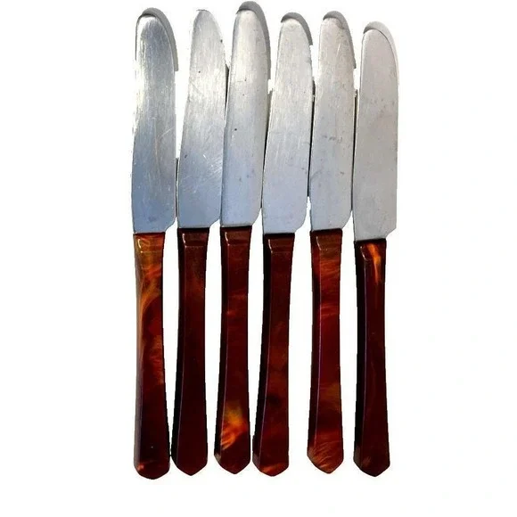 Vtg Kaylan Stainless Steel‎ Serated Knives Brown Marbled Thermoset Handles MCM