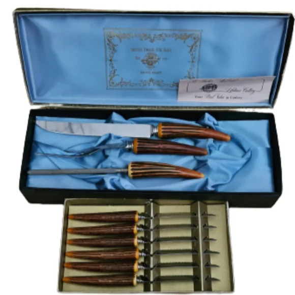 Vintage 1960's W Parker & Sons Sheffield carving set and steak knifes. 9 piece