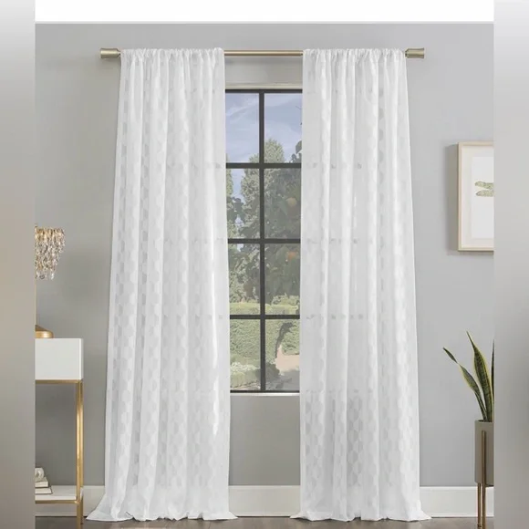 Scott Living 96-in White Geometric Semi-sheer Rod pocket Single panel OPEN BOX