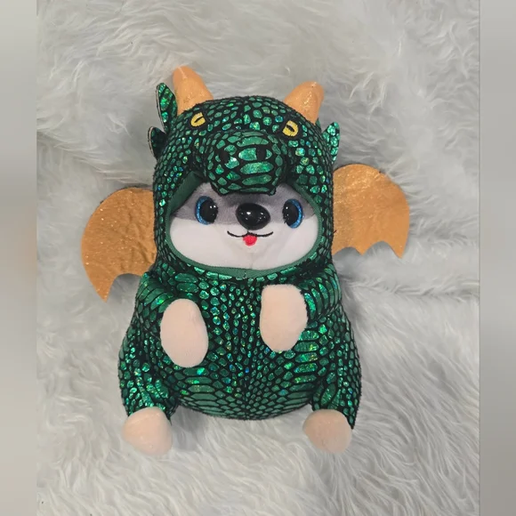Plush Husky‎ in Green Dragon Costume