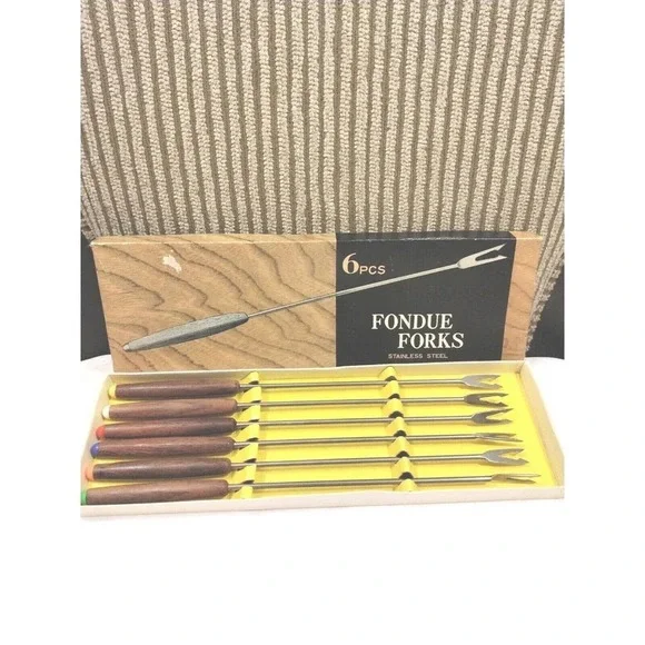 1970s Fondue Forks Set (6 Pieces) MultiColor Stainless Steel New in BOX Vintage