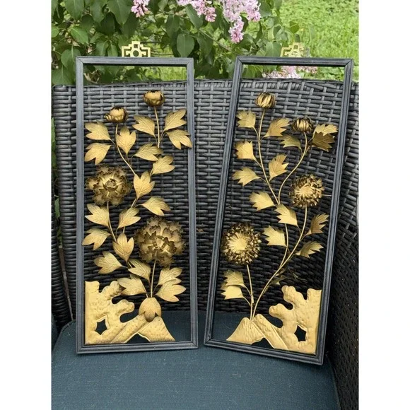 VTG Brass Metal MCM 3D Floral Wall Plaques Set Of 2 Wood Frame Hanging 20