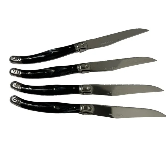 Vintage Crofton Black Marbled Bumble Bee Serrated Steel Steak Knives 9