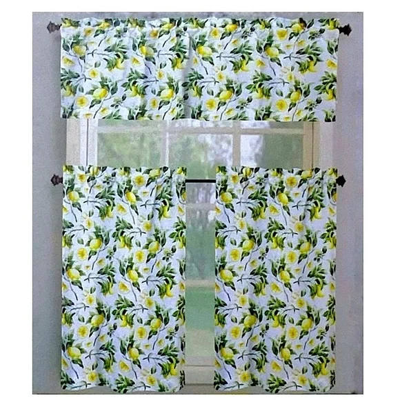Tribeca Cafe Curtain Set Lemon Print 3 Piece Tier Set Fruit Floral White Yellow