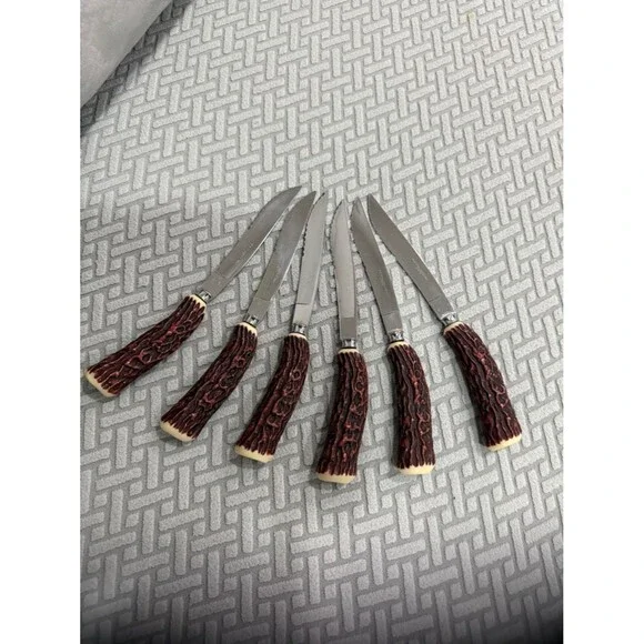 Steak Knives Vintage Faux Antler Set Of 6 Made in Japan Stainless Steel