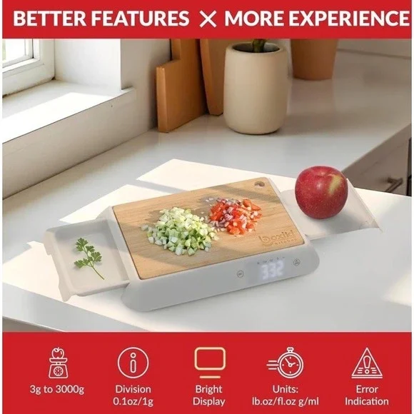 Boxiki 3-1 Bamboo Cutting Board with SlideOut Digital Food Scale & Storage Tray