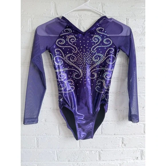 Zone Gymnastics Leotard Purple Metallic Mesh‎ Long Sleeve Kids AXS