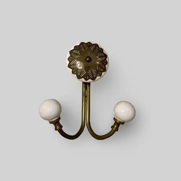 White and Brass Porcelain Hooks / Vintage Glass Ceramic Hook