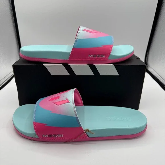 Adidas Messi Slides Men's‎ Size 12 Sandals Pink Blue Adilette Comfort JR6326