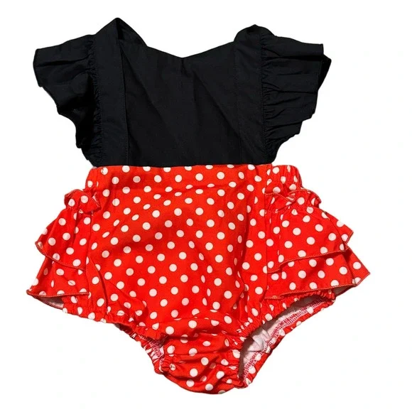 Minnie Mouse Inspired Costume Dress Up Ruffled Baby Romper Size 6-9 Months