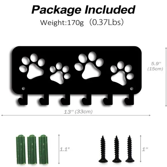 New paw print cat / dog black metal wall hanger with 6 hooks