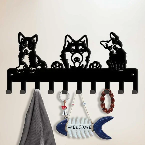 New Puppy dogs black metal wall hanger with 10 hooks