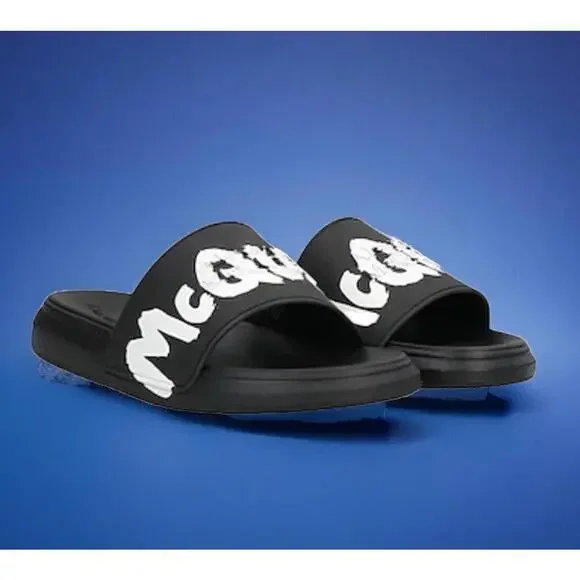 $350 Alexander McQueen Graffiti Rubber Pool Slides Black White Sandals Size 43.5