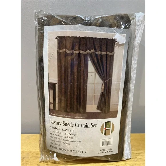 Vtg Suede Brown Paisley Window Curtain Set Panels‎ Valance 60x84