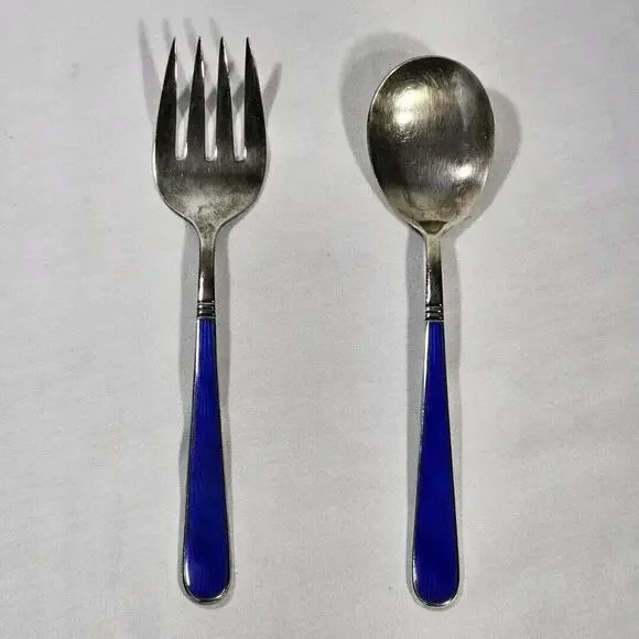 D&C Japan E.P. Flatware Serving Set Spoon Fork Cobalt Blue W/ Scalloped Design