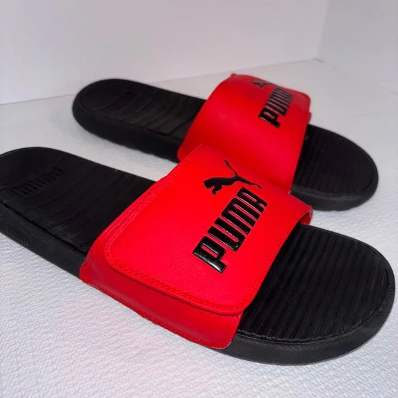 Puma‎ Red Black Slides Sandals Men's Size 12 Comfort Sport Slip On Shoes