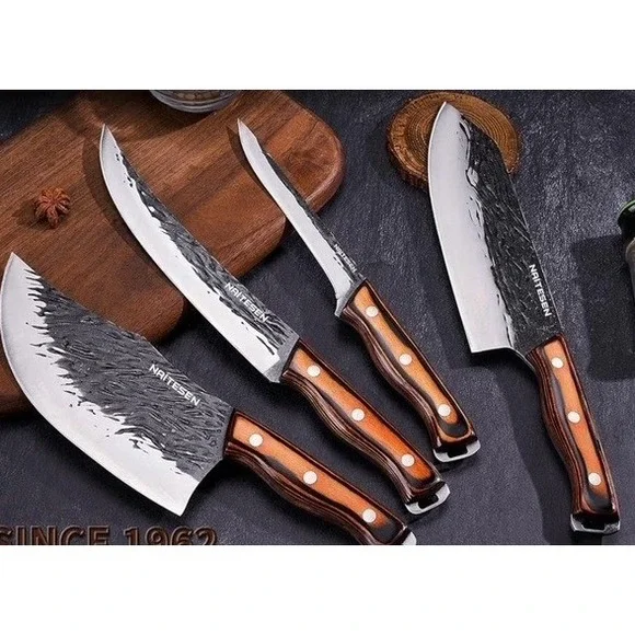 Kitchen Knives 4 Piece Hand Forged Chef Damascus Style Blades Wood Handle NIB
