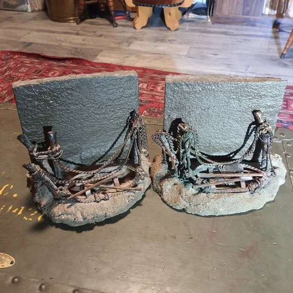 Vintage Nautical Stone Back And Metal Heavy Bookends Rowboat Oars Rope