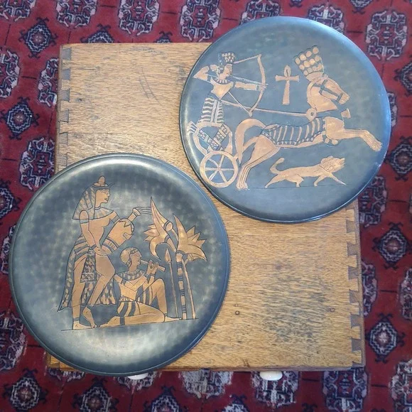 2 Vintage Egyptian Copper Black Enameled Plates Wall Hanging Decorative 9.5