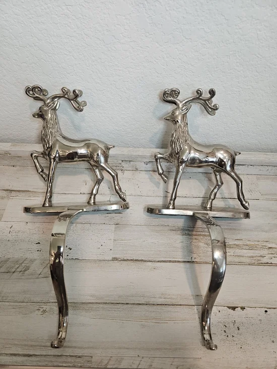 Set of 2 chrome Christmas Holiday Reindeer Stocking Holders.
