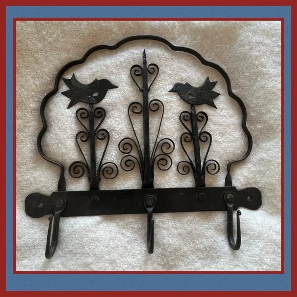 Vintage ?Antique Forged Iron Rack Hand Wrought Primitive Hanging Hooks w Birds