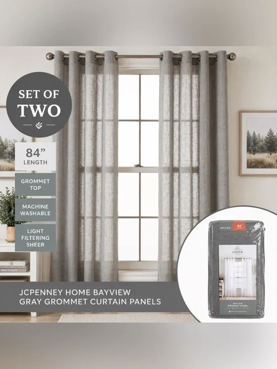 JCPenney Home Bayview Gray Sheer Grommet Curtain Panel 84” set of TWO