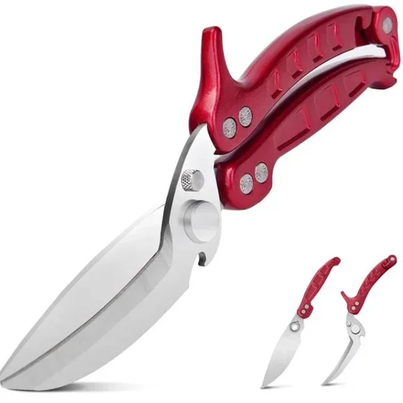 PRO POULTRY SHEARS - STAINLESS KITCHEN SCISSORS - DETACHABLE INTO KNIFE (Red)