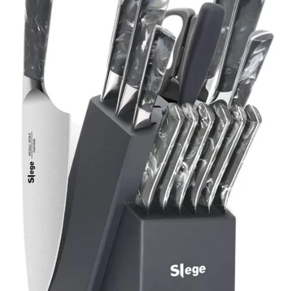 15 pc CHEF + STEAK KNIVES + SHEARS - BLOCK SET (Grey Marbling)