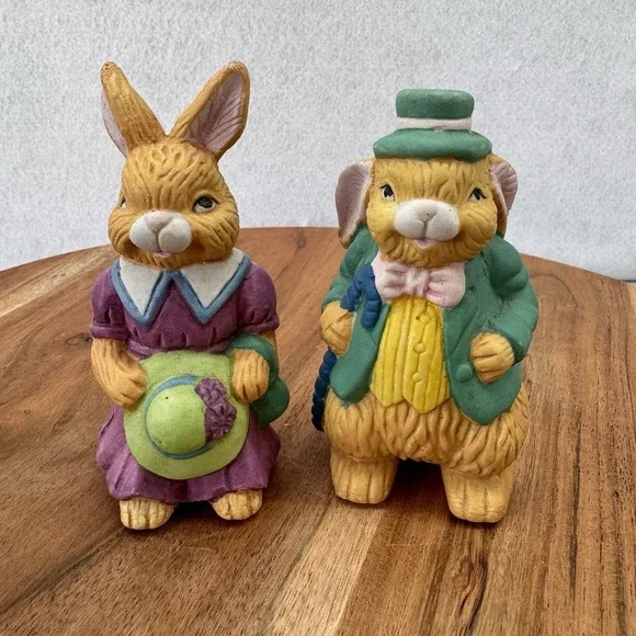 Ceramic Rabbit Couple Figurines Handpainted Top Hat Cane‎ Spring Easter