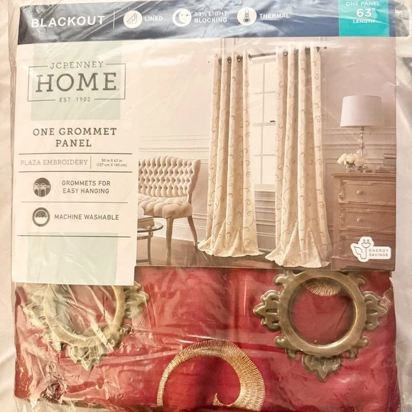 jcpenney Home Red Embroidered Grommet Blackout Curtain 50”W 63” L - 2 Panels