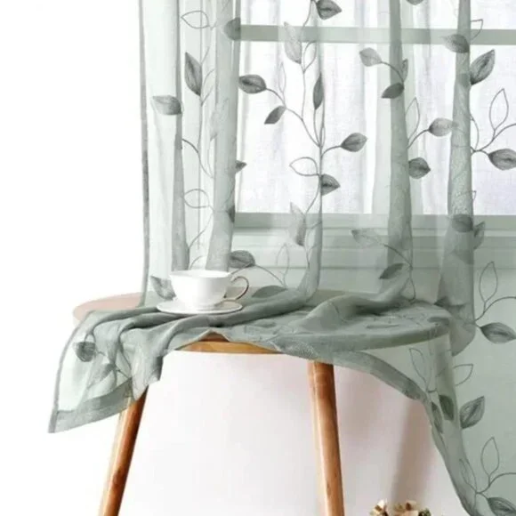 Sage Green Sheer Curtains 52 X 84 Inches Long 2 Panels Embroidered Leaf Pattern