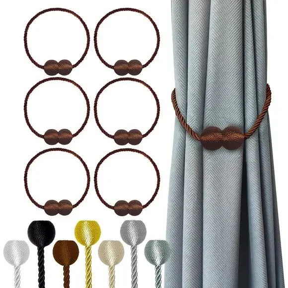 Magnetic Brown or Silver Spherical Braided Rope Curtain Tiebacks