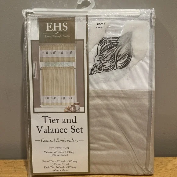 Ellery‎ Homestyles 36 inch Tiers Valance Curtain Set Embroidered Seashells Beach