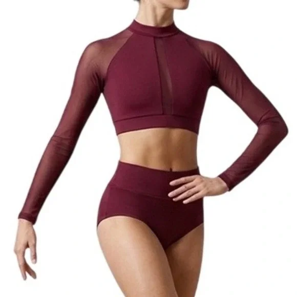 CM Baltogs Burgundy Mesh Long Sleeve Crop Top and High Waist Briefs Set
